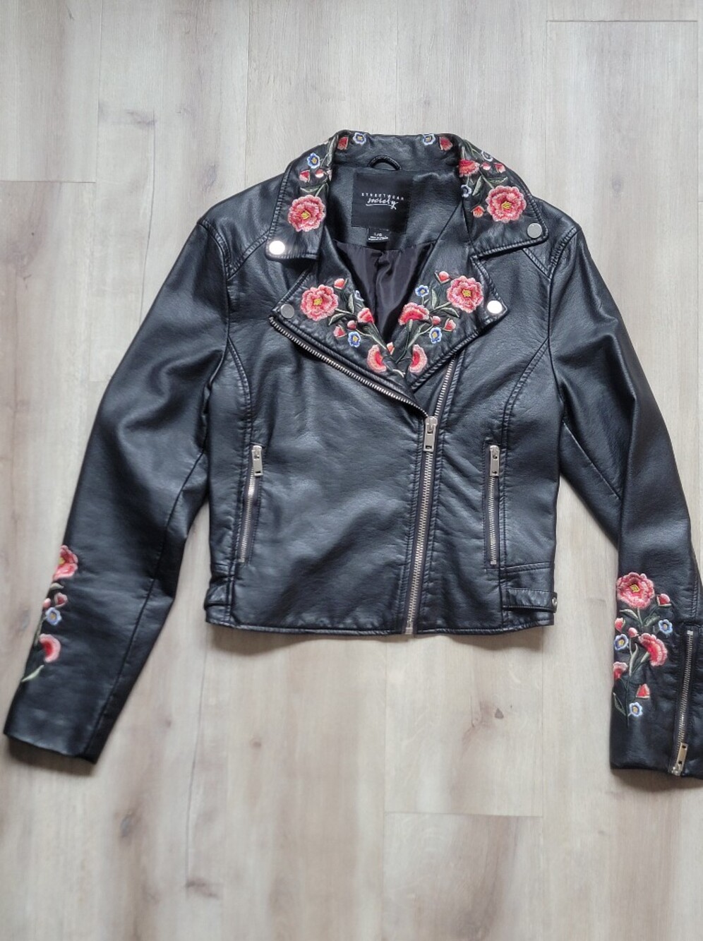 Streetwear Society Floral Embroidered Faux Leather Moto Biker Boho Jacket Size L - Picture 3 of 16